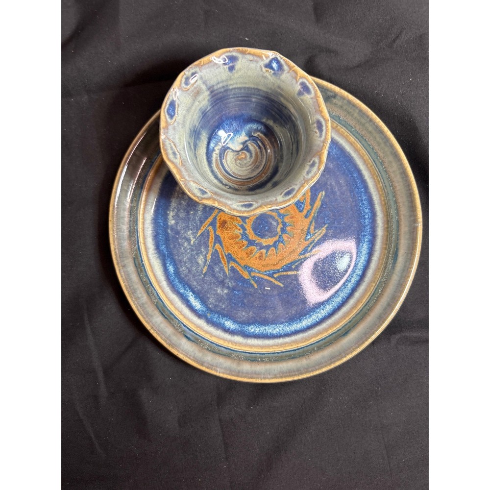 Handmade Studio Pottery Chip and Dip Serving Set Blue Orange Stoneware