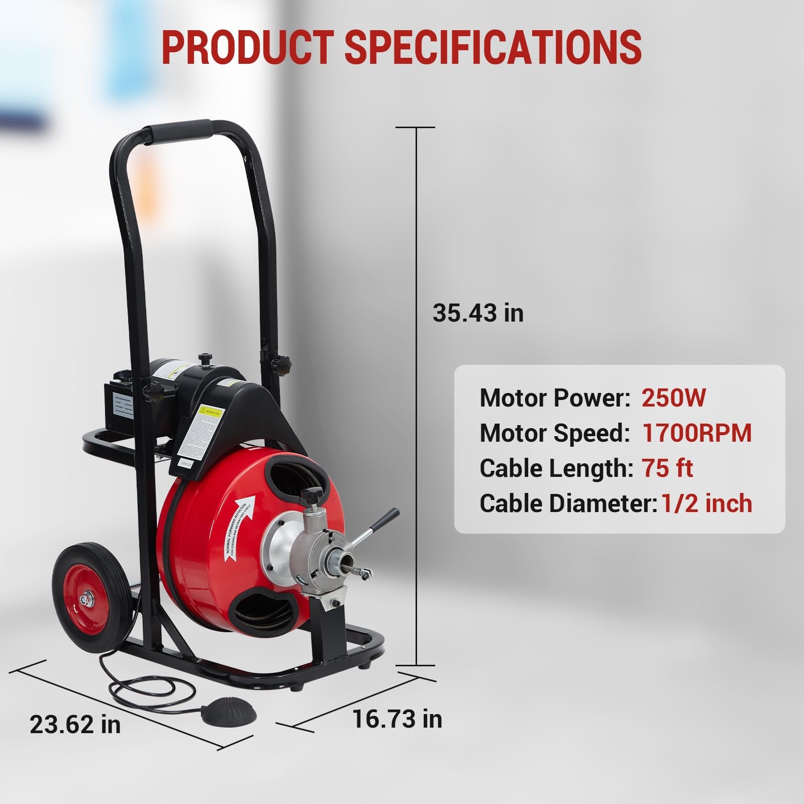 75FT x 1/2" Cable Electric Drain Cleaner Machine 250W Motor 8 Multi-Style Cutter