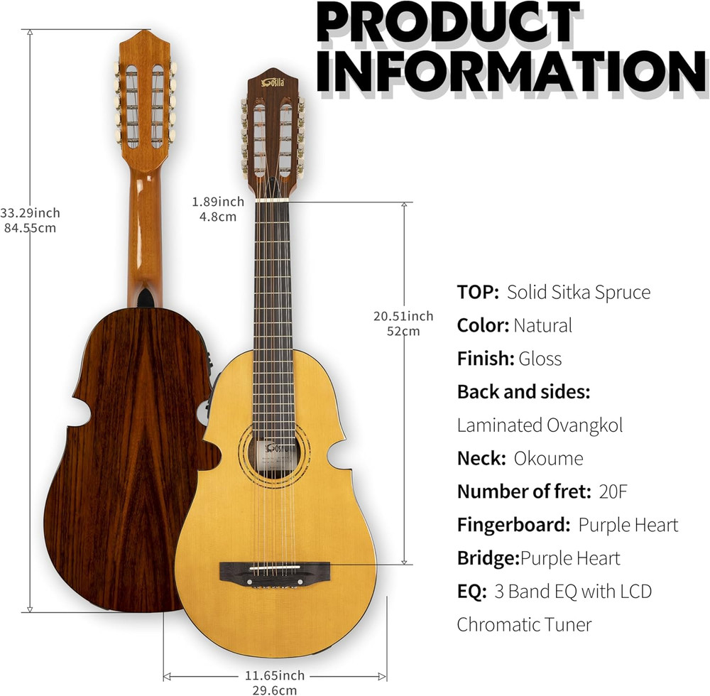 10 String Electric Acoustic Puerto Rican Cuatro Guitar Solid Spruce Top