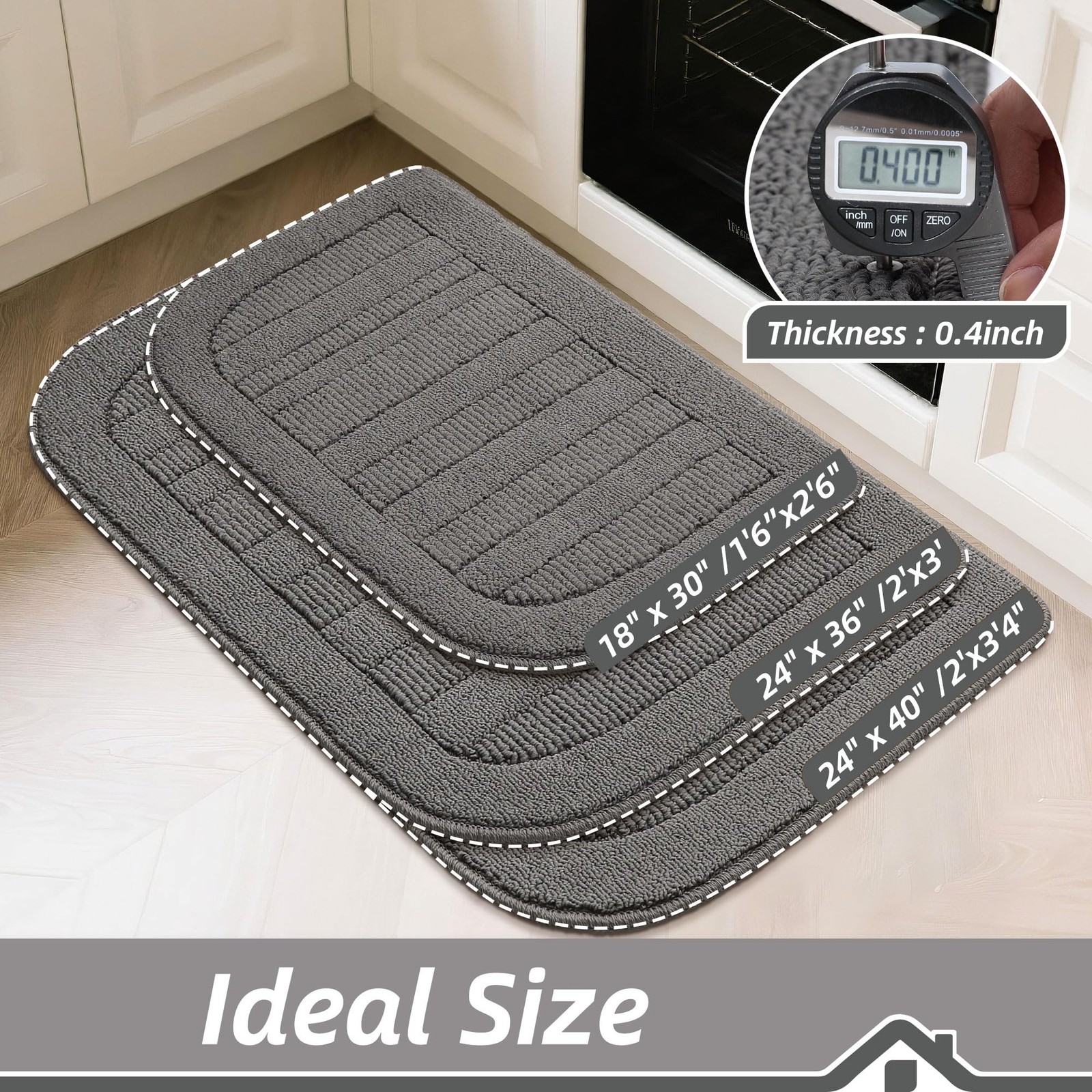 BEQHAUSE 30x18 Inch Kitchen Rug Mat Durable 18"X30" + 18"X30", Grey