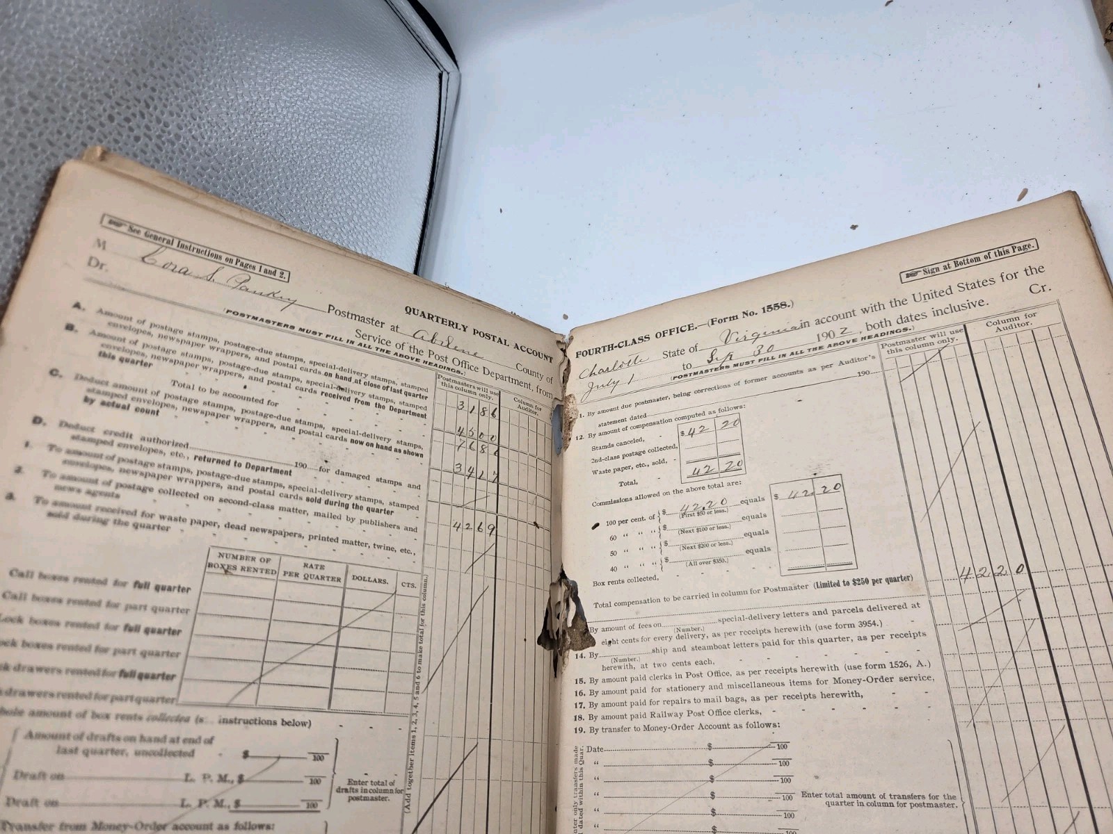 (4) Antique Postmasters Account Record Book 4th Class Abilene Virginia 1899-1906