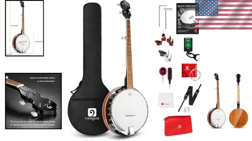 5 String Banjo Full Size Kit with Resonator Remo Head Beginner Accessories