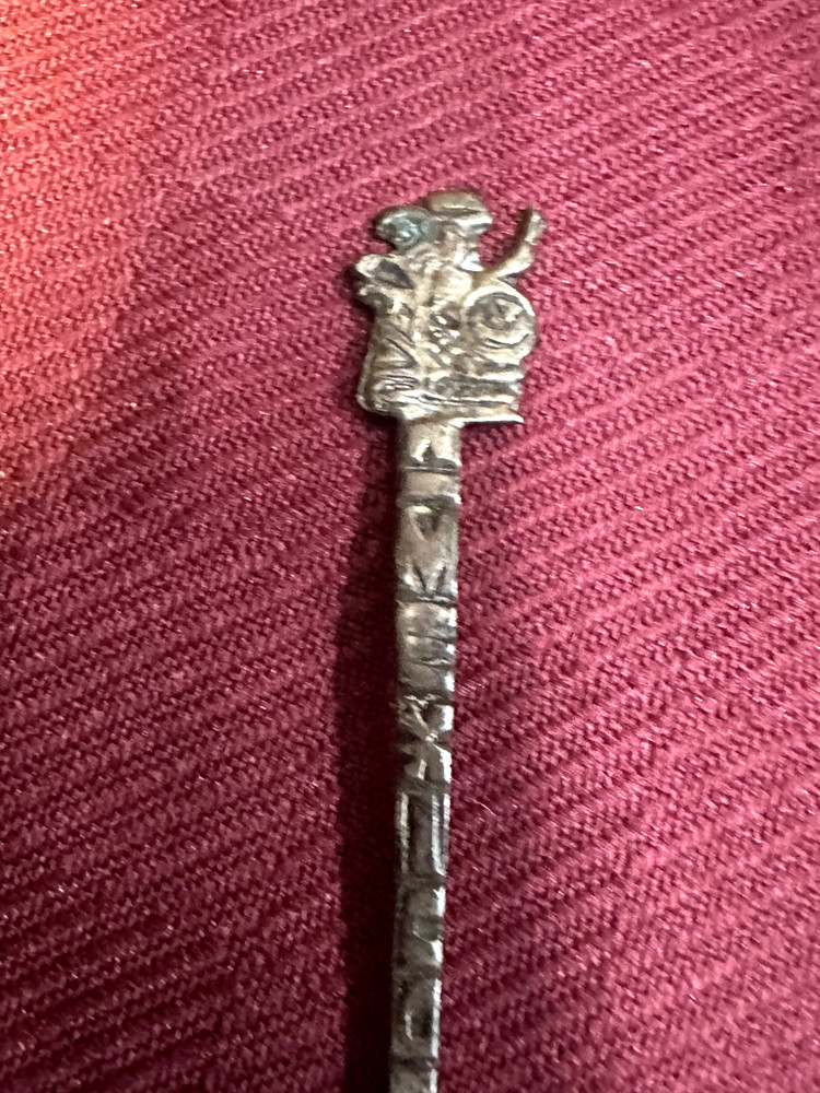 ANTIQUE Tiny SILVER SOUVENIR MINI LADLE WITH AZTEC THEME 3 1/2"