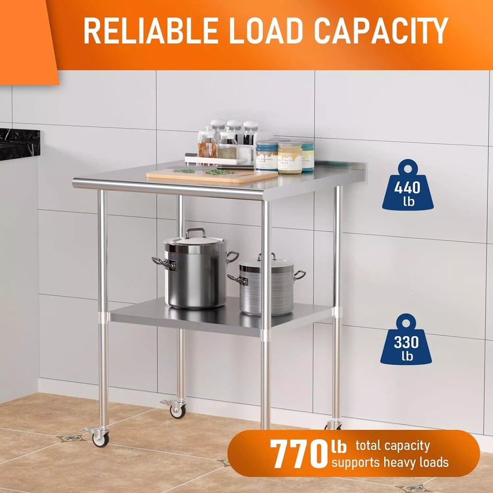 Stainless Steel Table for Prep & Work with Backsplash & Casters 30" x 30" New