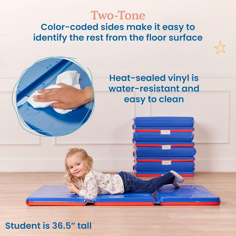 Premium Folding Rest Mat, 3-Section, 2In, Sleeping Pad, Blue/Red