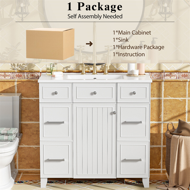 36" White Bathroom Vanity Set,Solid Wood Frame w/Ceramic Sink &Versatile Storage