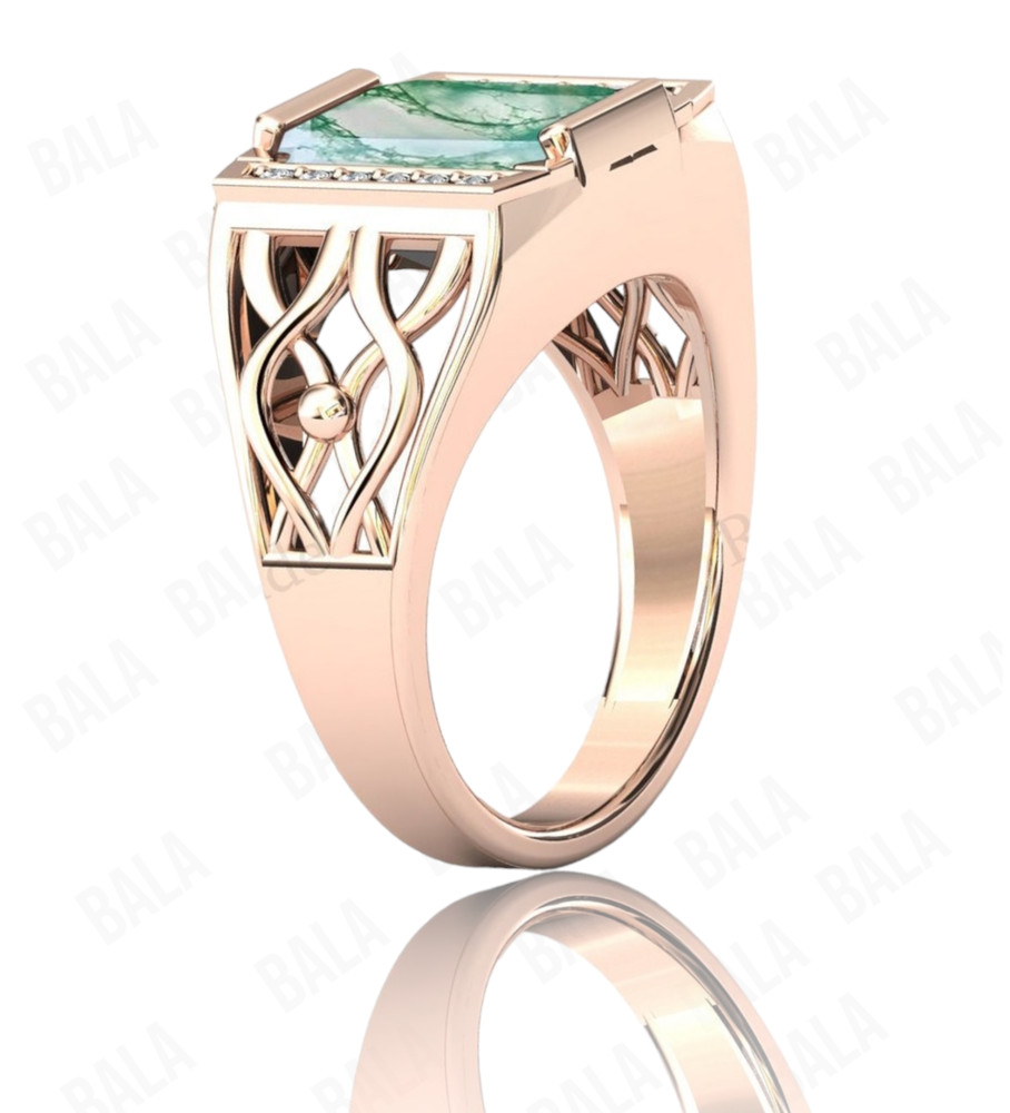Handmade 925 Sterling Silver Moss Agate Ring, Rectangular Gothic Statement Ring