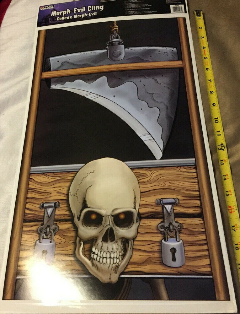 morph-evil cling spooky scenes skeleton in guillotine 20" X 12"