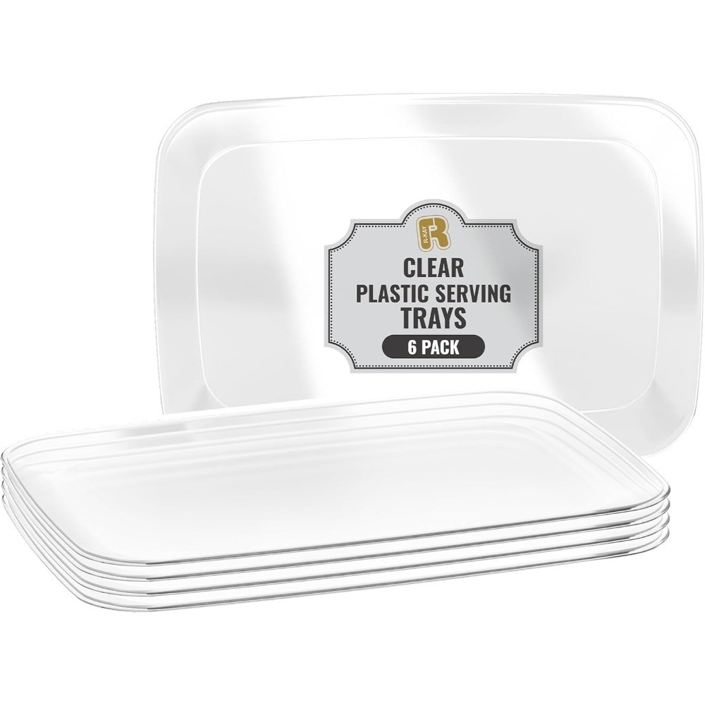 6 Pack Heavy Duty Clear Plastic Serving Trays, 12.75 x 8.25 Inch Rectangular