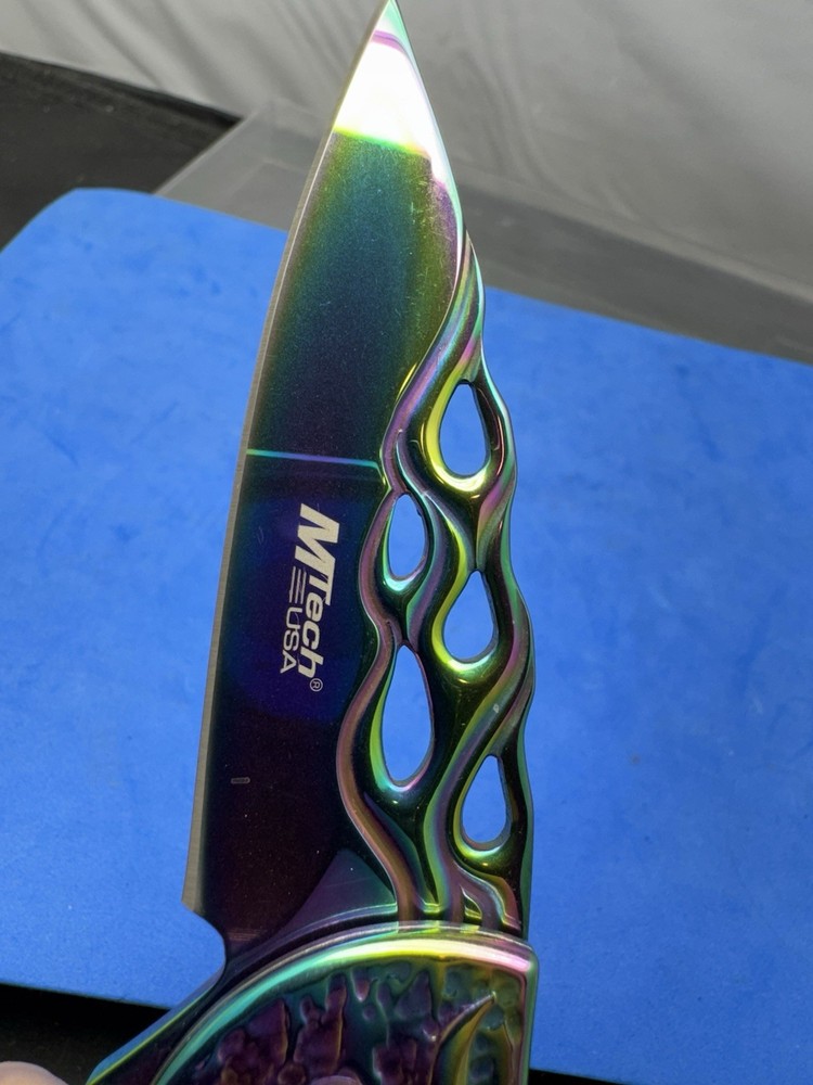 MTECH Assisted Opening Pocket Knife Rainbow Flame Cutout Fire Pattern Blade EDC