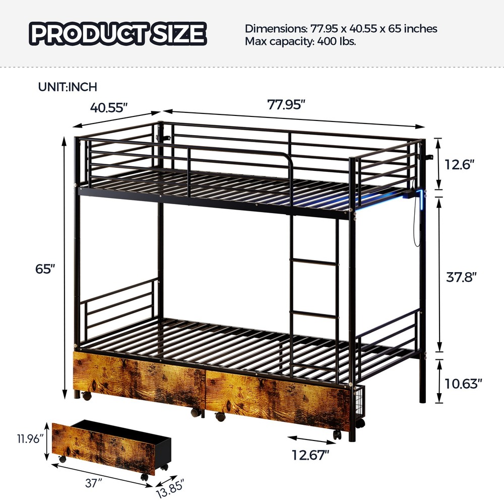 Bunk Bed with USB Charging Station, Able to Split, Metal Bunk Bed, Storage Space