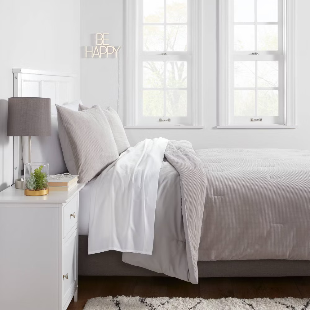 King Corduroy Plush Comforter Light Gray - Room Essentials