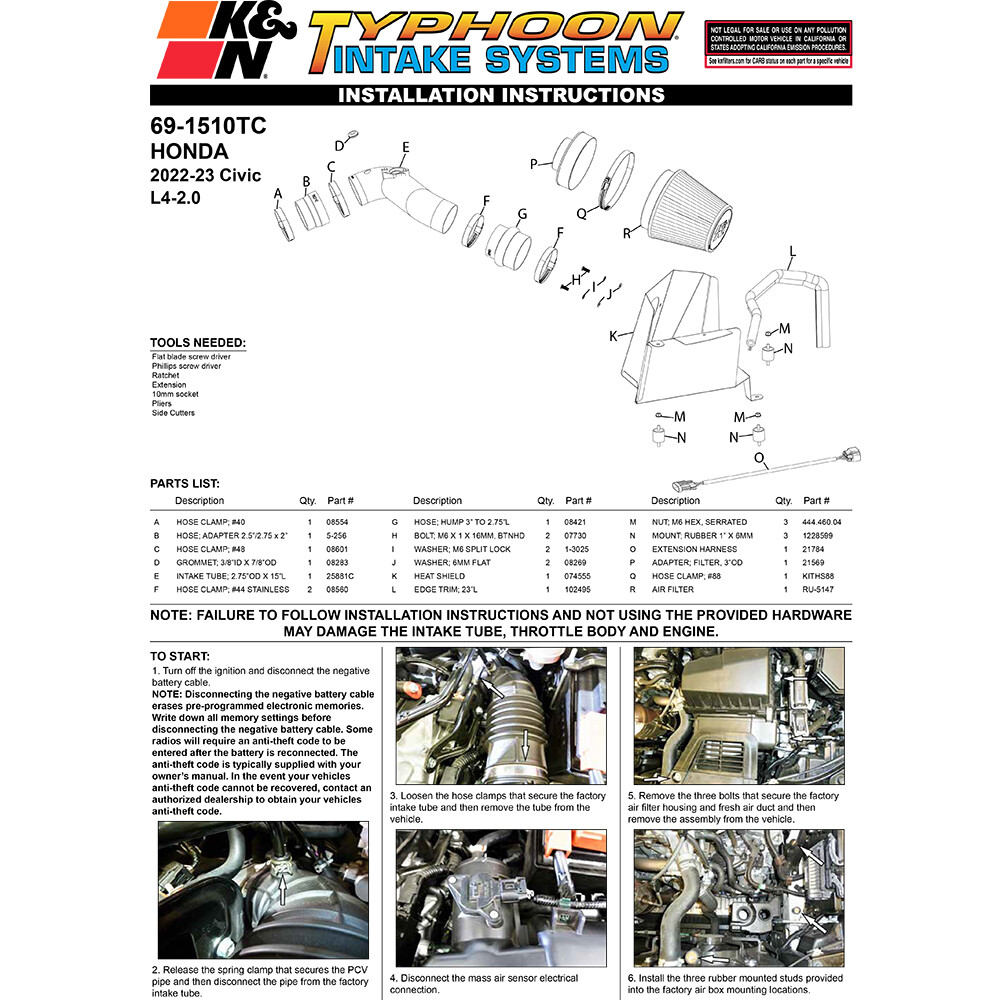 K&N 69-1510TC Performance Cold Air Intake Kit System for 22-23 Honda Civic 2.0L