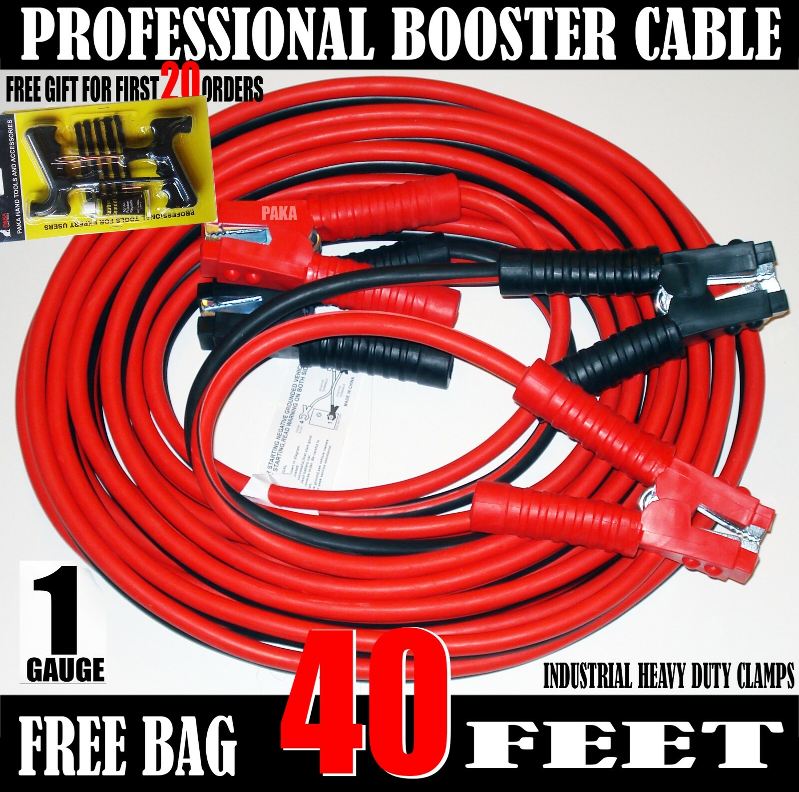 Industrial Heavy duty 40 Feet 1 Gauge Booster Jumper Cables + tire repair kit
