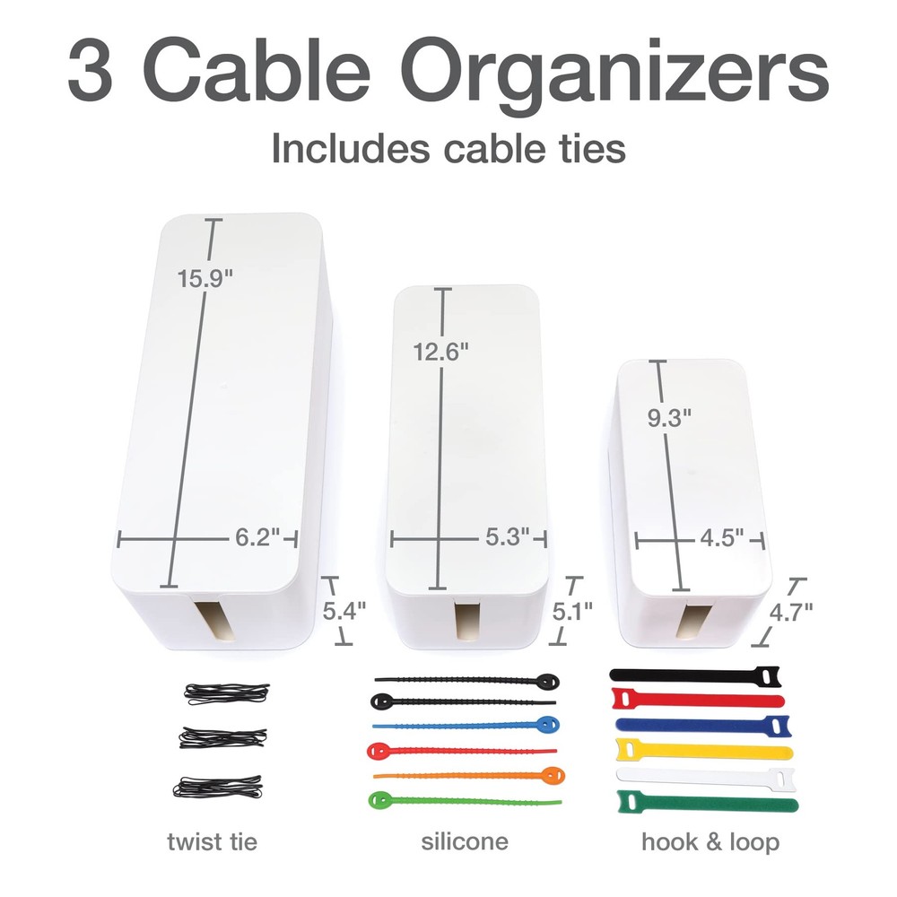 Cable Management Boxes, 3 Pack, Small, Medium, Large, 15 Cable Ties (Hook & L...