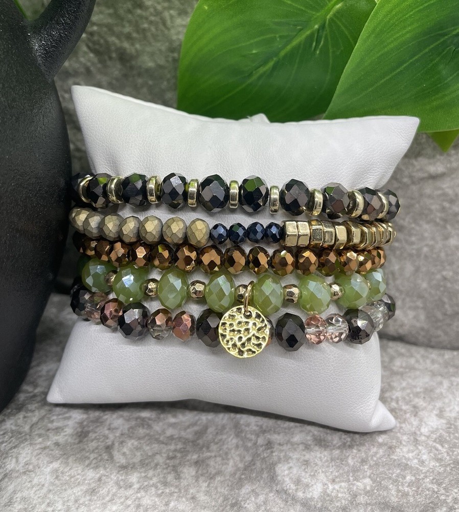 5 PC Handmade Boho  Beaded Stackable 6.25” Plus Stretch Bracelet Set New B1148