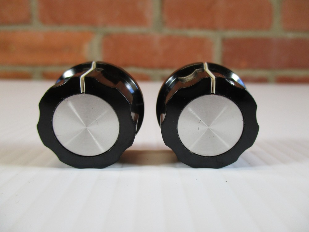 Pair Black Reflector Knobs Silver Insert for Guitar or Amp Top Hat Style