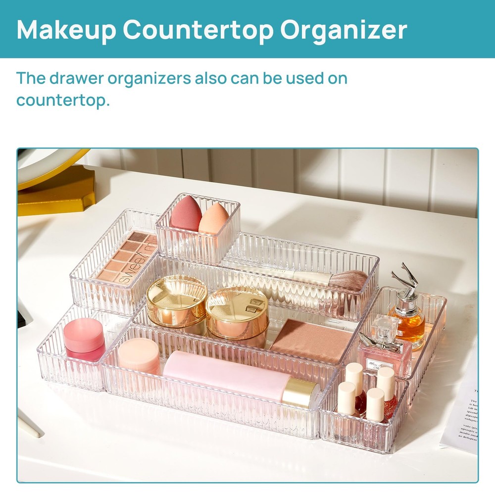 7 PCS Clear Drawer Organizers Bins, 4-Size Stackable Makeup and Vanity Drawer...