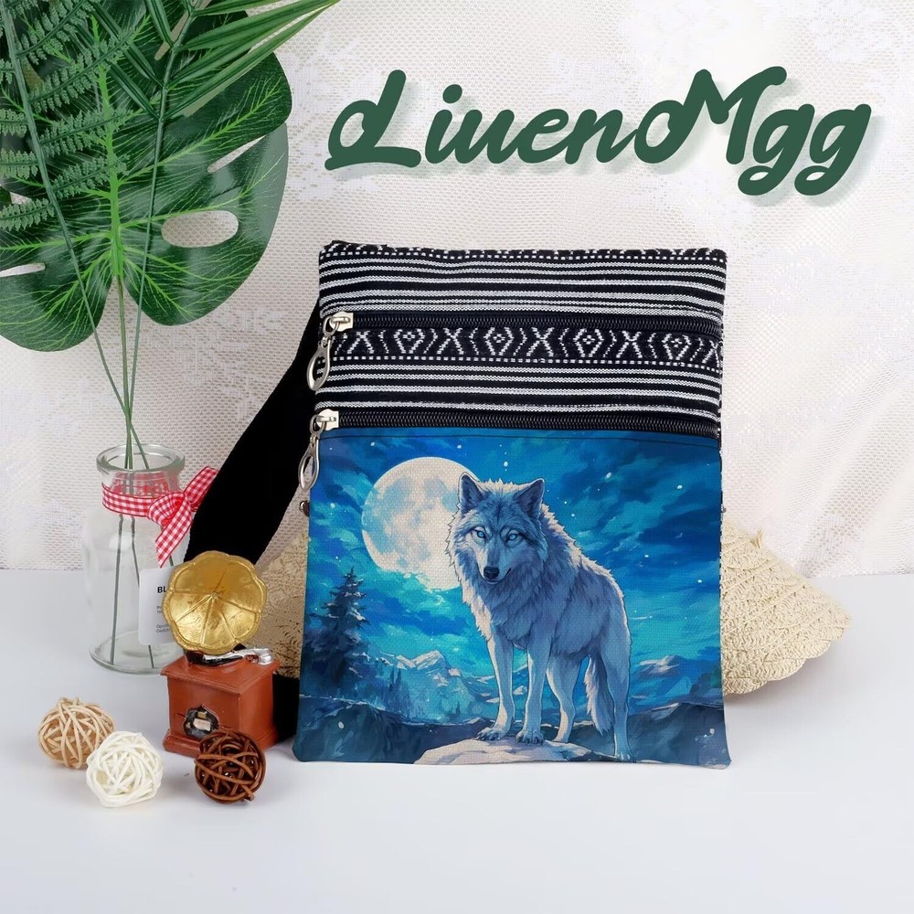 Moon Wolf Messenger Bag - Small Ethnic Pattern Printed Adjustable Strap Cross...