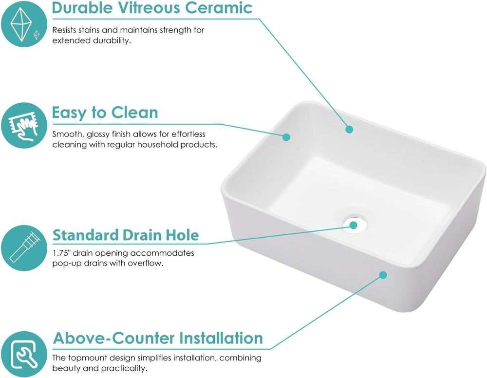 Vessel Sink Rectangular - 16"x12" Modern White Bathroom Sink Rectangle Above ...