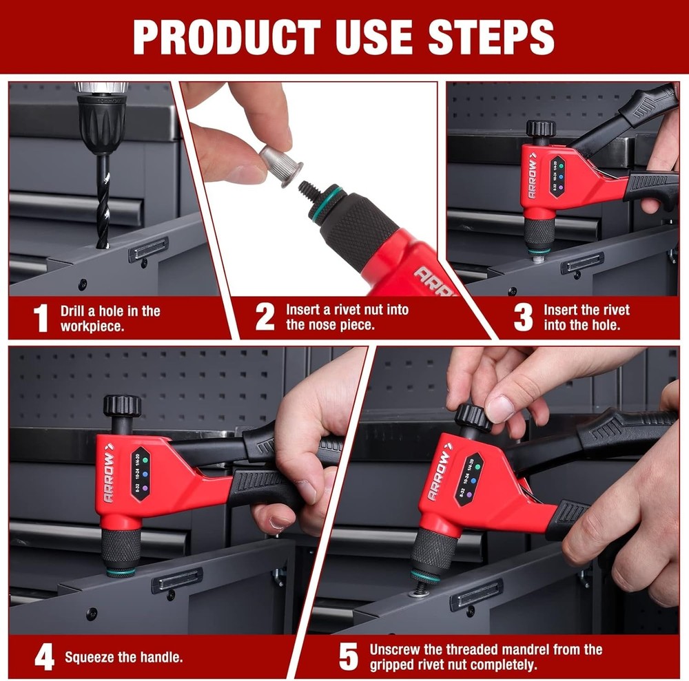 8" Rivet Nut Tool Kit with 3 Mandrels 75 Rivnuts & 3 Drill Bits Sturdy Case