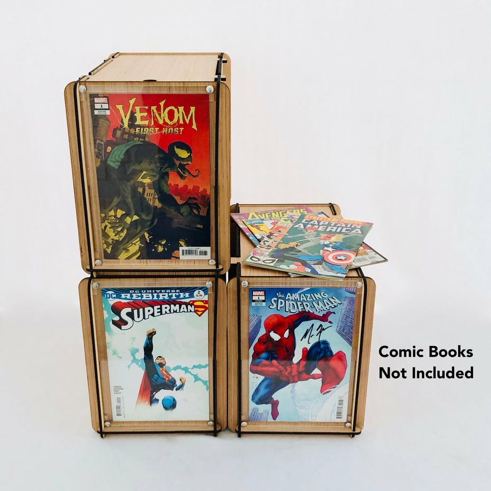 Three Comic Book Storage Boxes With Acrylic Display Frames