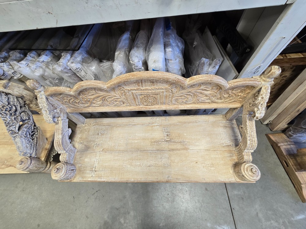Reclaimed solid wood bench with floral carving design