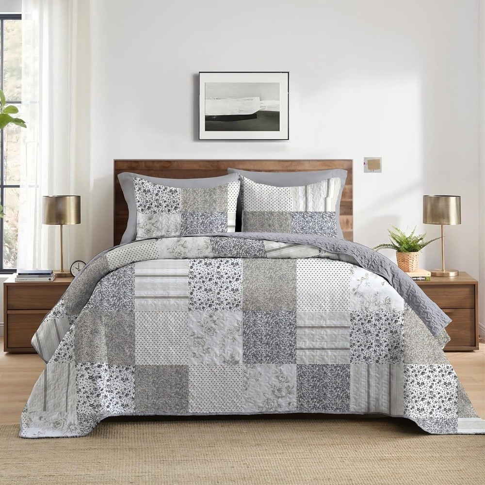 3 Piece Full Size Quilt Set Queen Lightweight Soft Plaid Patchwork Bedding