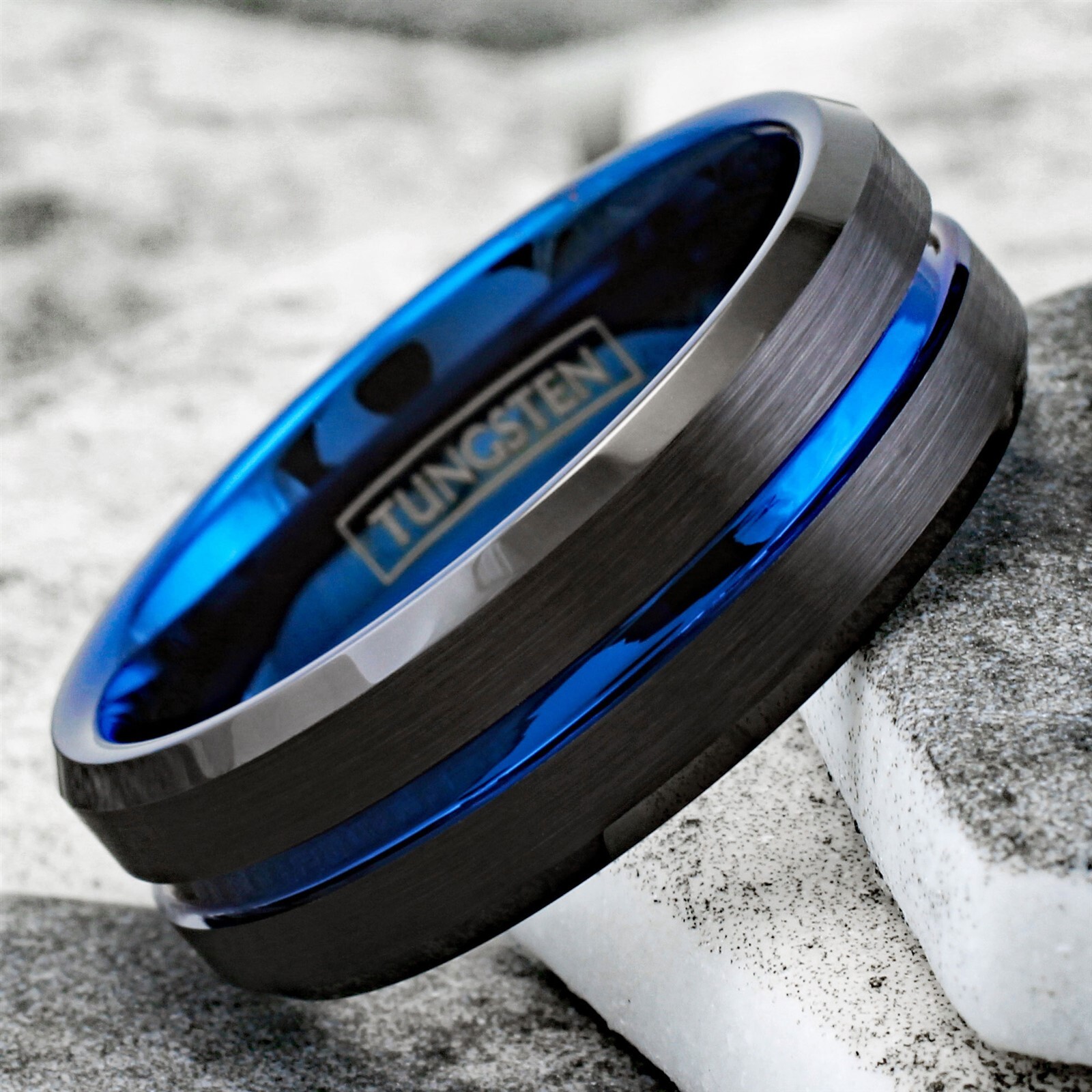 6/8mm Tungsten Carbide Men's Ring Thin Blue Line Black Brushed Wedding Band
