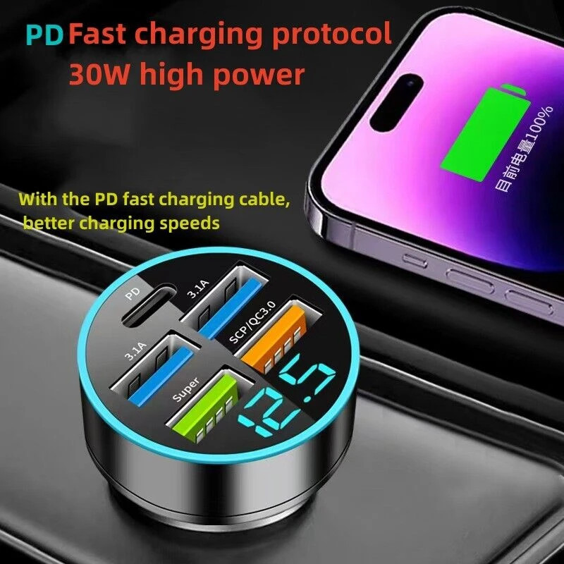 Super Fast Car Charger Adapter USB 5-Port Voltmeter for iPhone Samsung Android