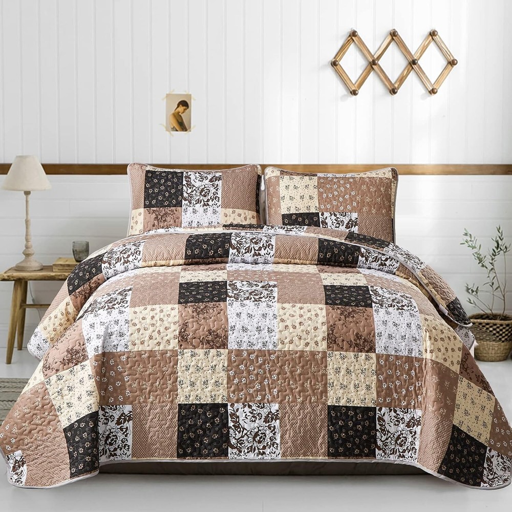 Luxurious Khaki Patchwork Quilt Set - King Size, Reversible & Machine Washable