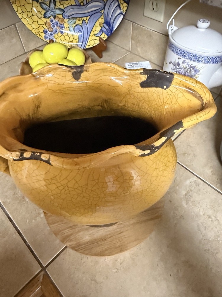 Large Ceramic Mustard and Brown Glazed Decorative Pitcher