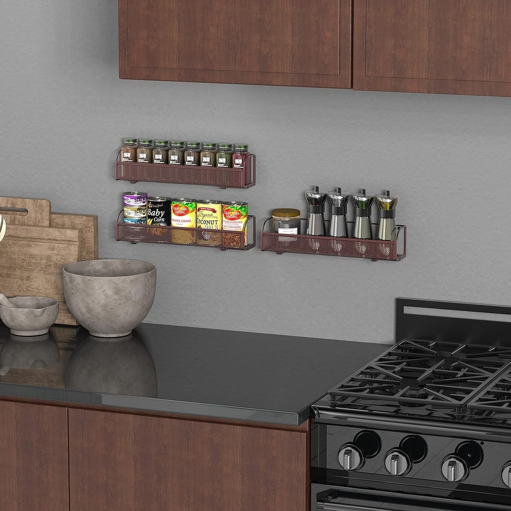 Wall Mounted Spice Rack Shelves Organizer, Bronze, 3-Pack