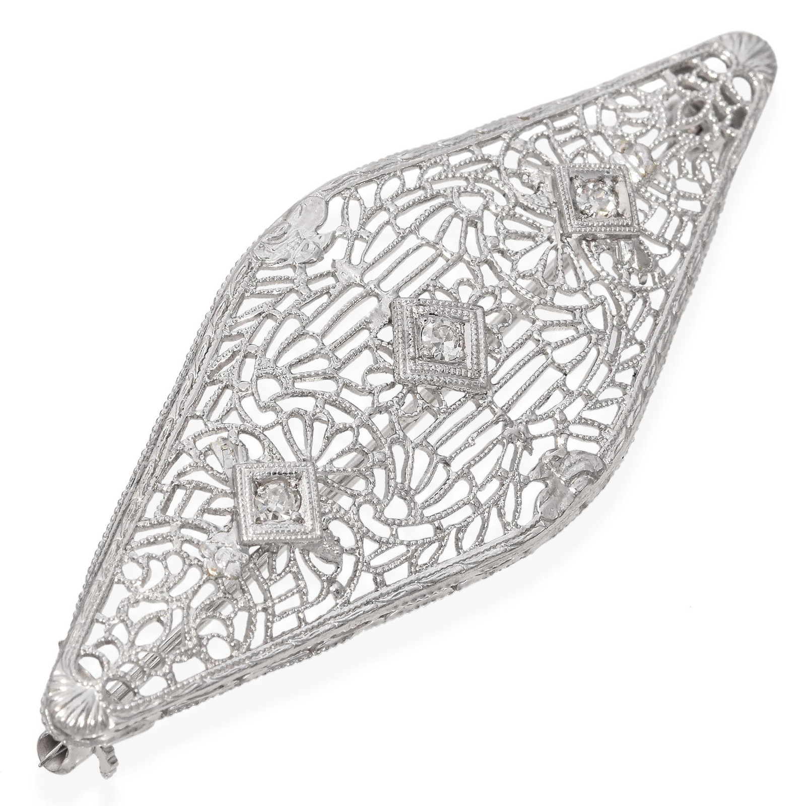 Vintage Art Deco 10K White Gold Old Mine Cut Diamond Filigree Brooch