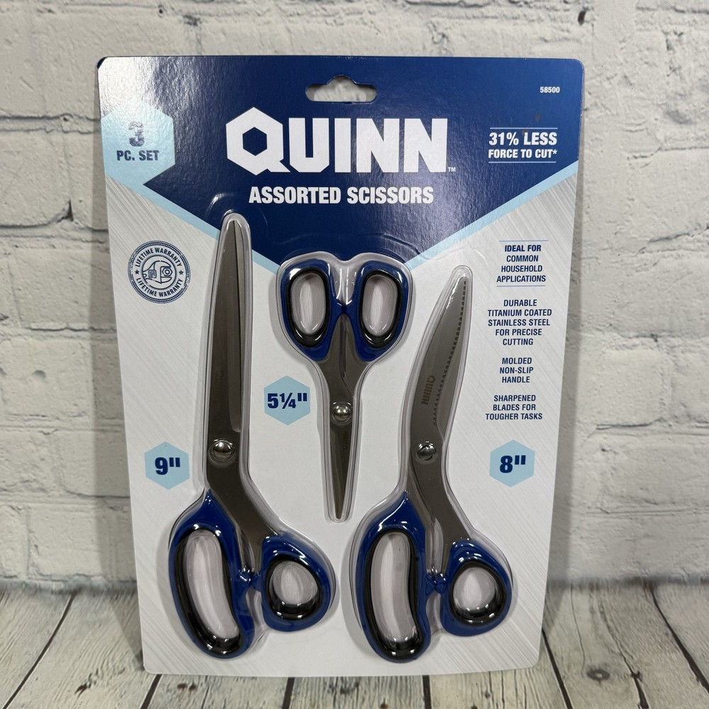 QUINN Assorted Scissors, 3-Piece Lot Sealed Package Durable Titanium Work
