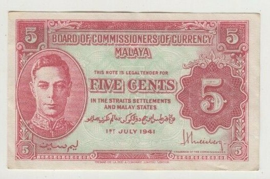 Banknote 1941 Malaya 5 cent in extremely fine condition with central fold