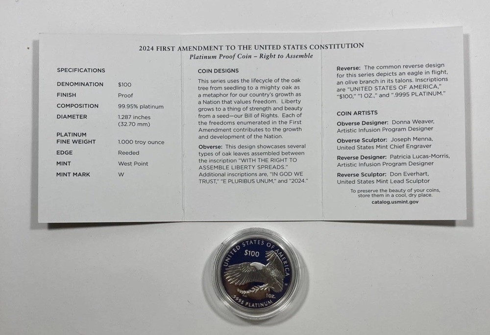 2024 USA $100 Platinum Eagle. 1st Amendment, Proof 1 oz APTW.