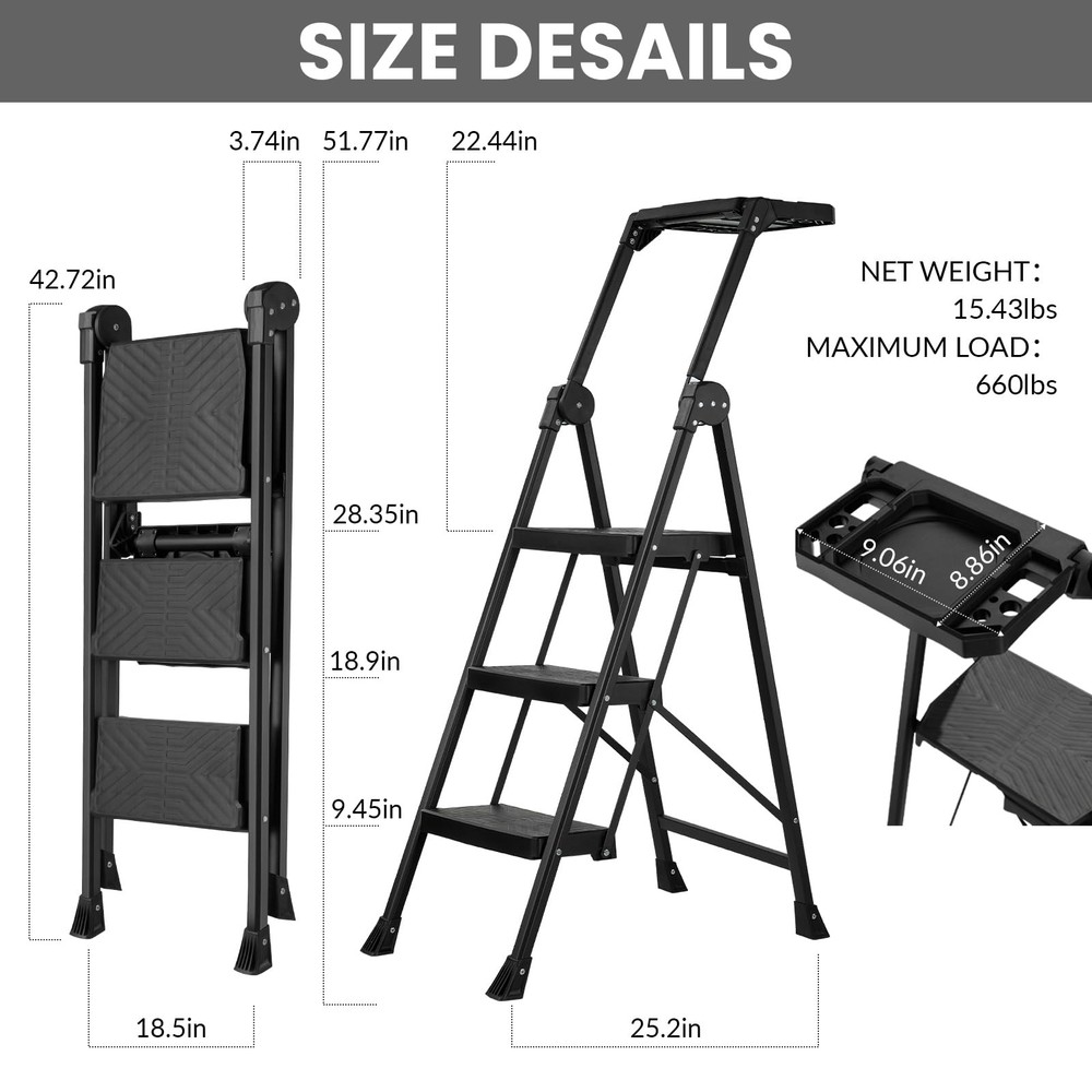 3 Step Ladder, Foldable Handrail & Tool Tray Stool Ladders with Anti-Slip Wid...