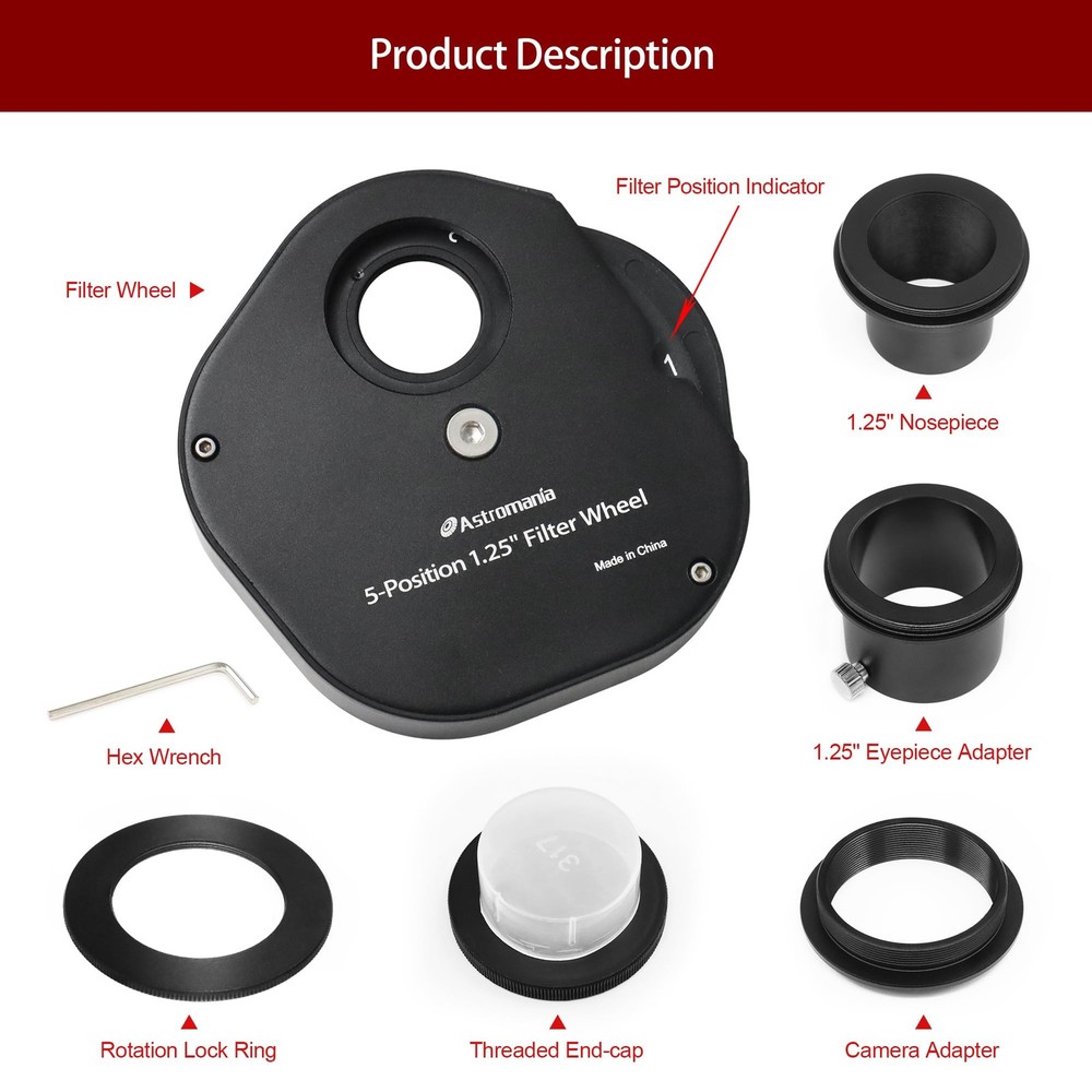 Astromania 1.25" Multiple 5-Position Filter Wheel For Telescope