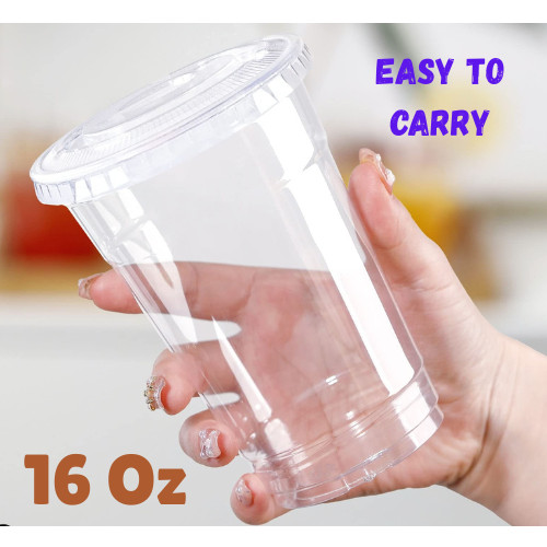 100 Pack 16oz Disposable Plastic Cups with Lids - Clear PET Drinking Cups for Co