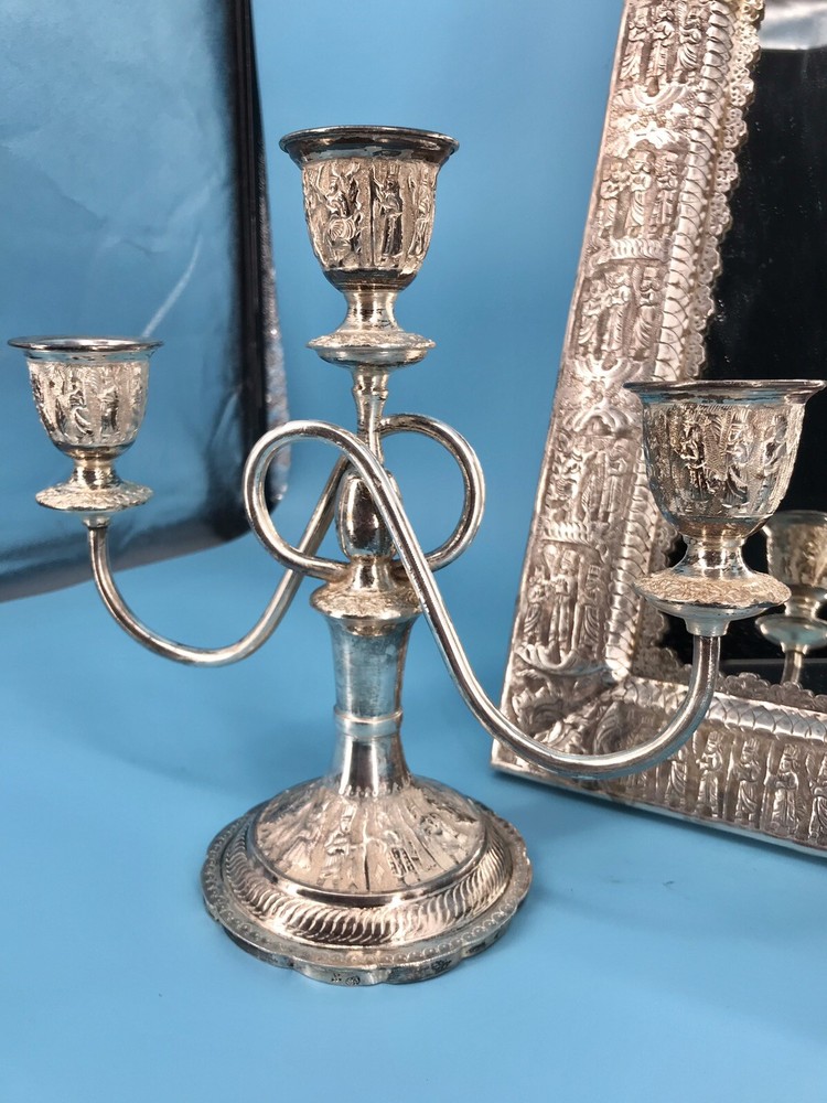 Middle Eastern,carved set Candlestick & Sheet Mirror 84 SOLID Silver 2800 grams