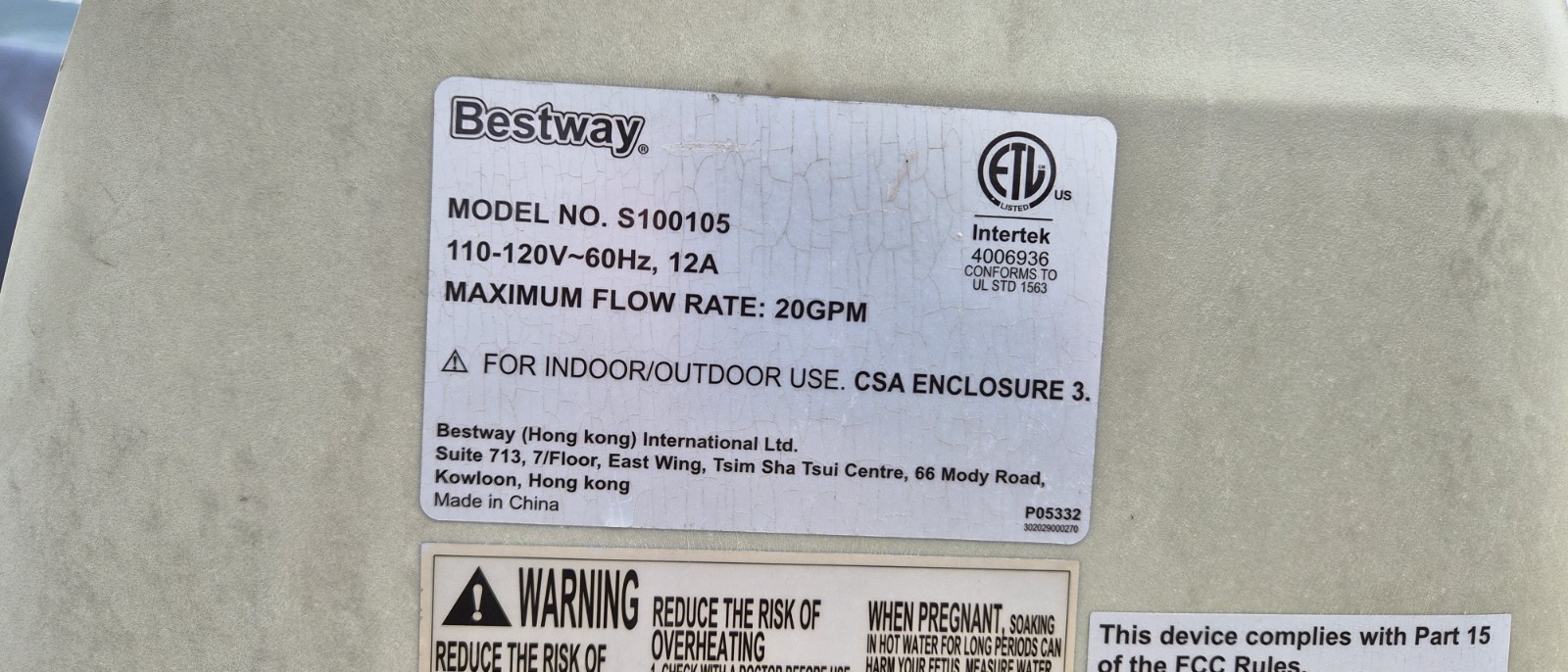 Bestway SALUSPA S100105 Hot Tub Spa Heater Water Pump | 20GPM / 110-120V / 12A