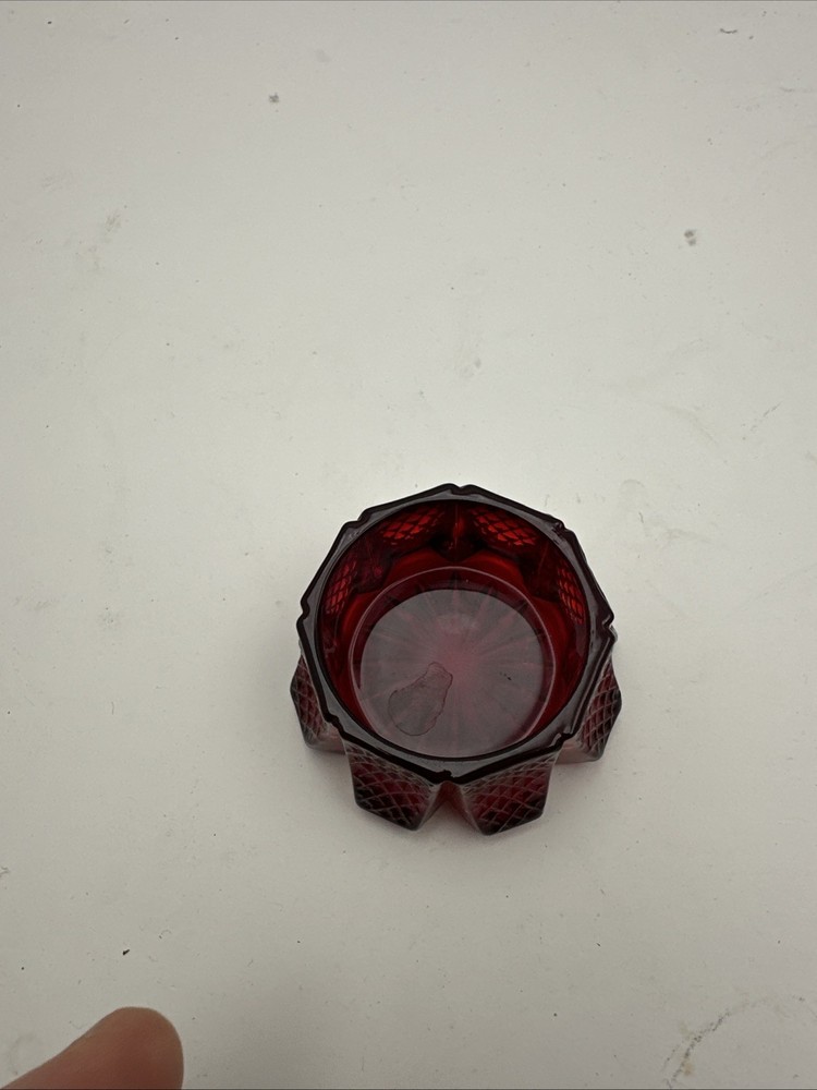 Vtg Mosser Glass Ruby Red Hatched Panel Open Salt Cellar. Slight GLOW