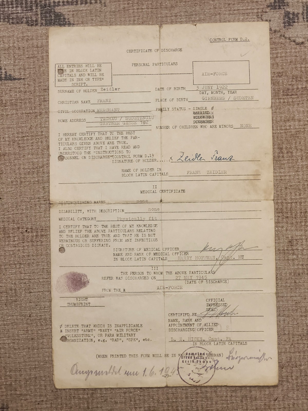 WW2 Germany.  POW Certificate of Discharge (Air Force)  1945.