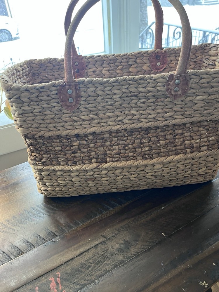 Set of 2 Large Hand Woven Rectangular Wicker Baskets with Leather Handles, Beige
