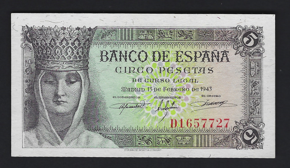 1943 Spain 5 Pesetas #127a Uncirculated