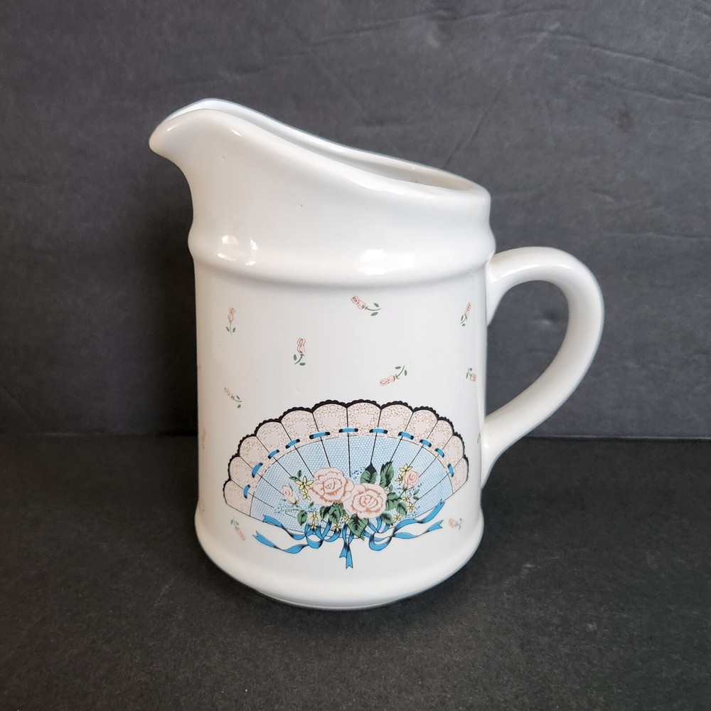 Vintage Ceramic Pitcher Vase Retro Fan Rose Pattern 6"