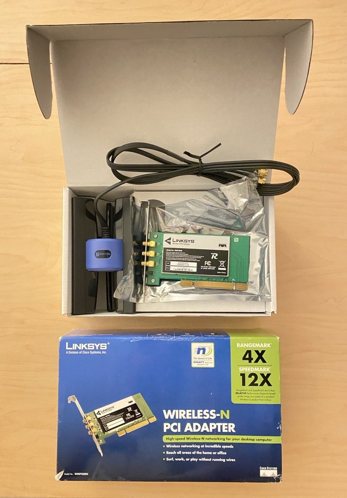 Linksys WMP300N Wireless‑N PCI Adapter With Box & Antenna Base (System Pull)