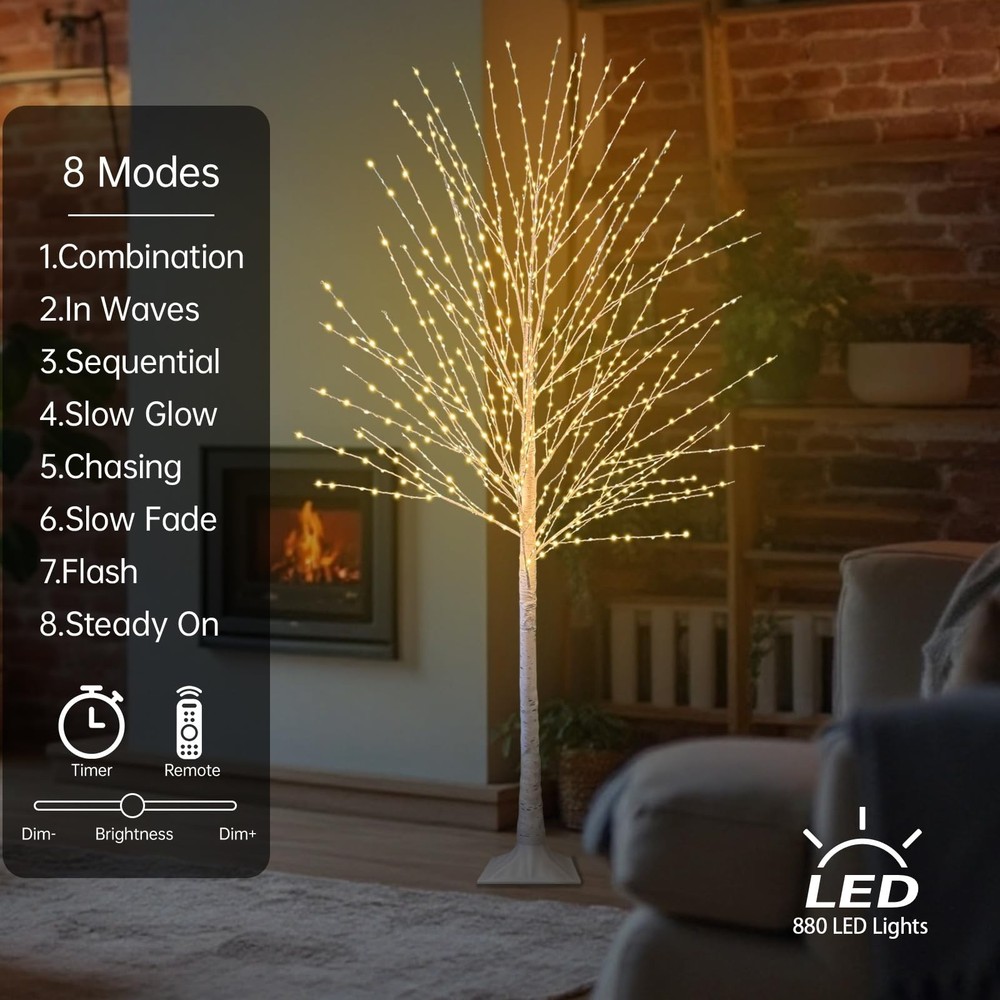 6FT Lighted Birch Tree with 880 LED Warm White Lights, 8 Modes, Timer Remote