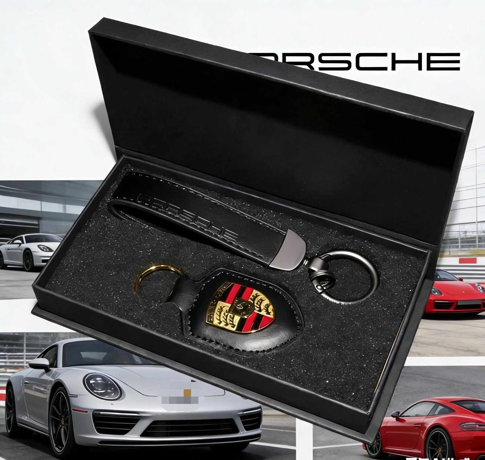 Leather Porsche Premium Keychain with Box Exquisite Set Men Gift-Black